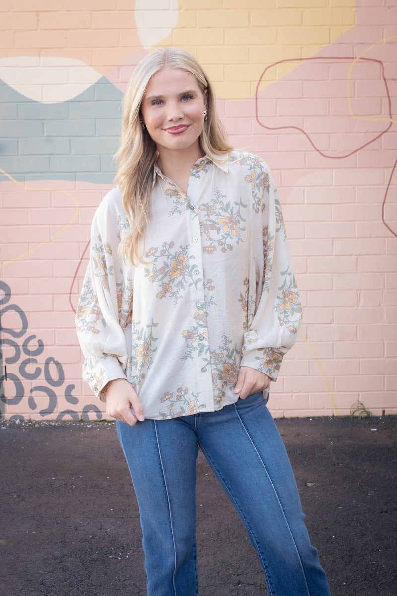 Lucy Button Down Floral Top, Ecru