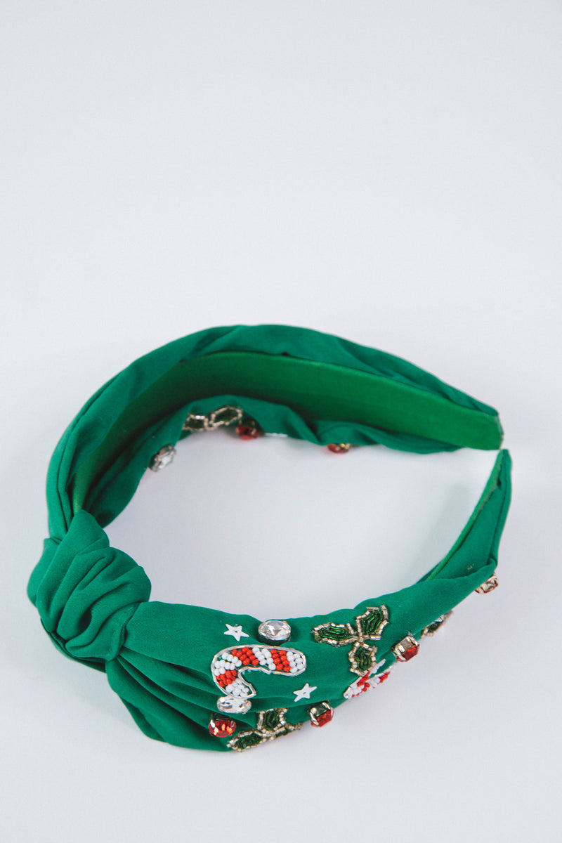 Candy Cane & Holly Holiday Headband, Green