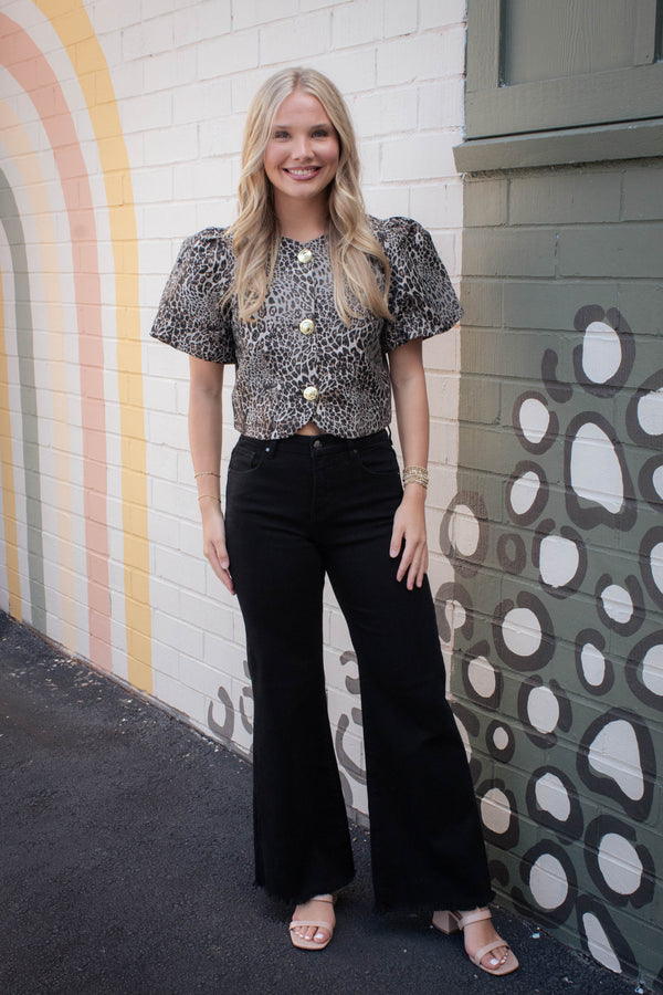 Faye Puff Sleeve Leopard Jacket, Black