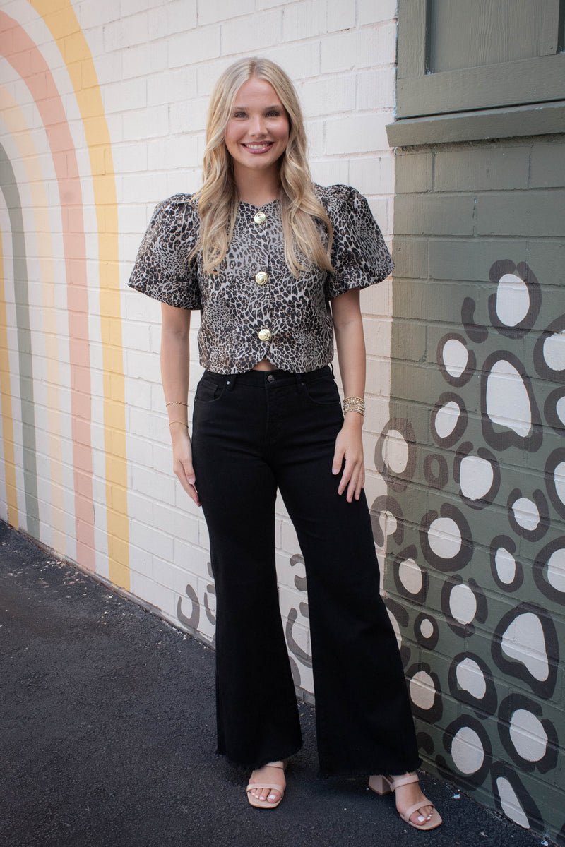 Faye Puff Sleeve Leopard Jacket, Black
