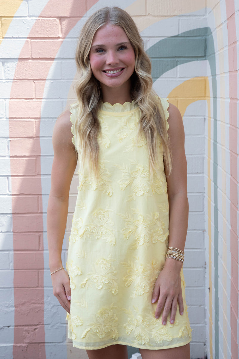 Cali 3D Floral Applique Mini Dress, Lemon
