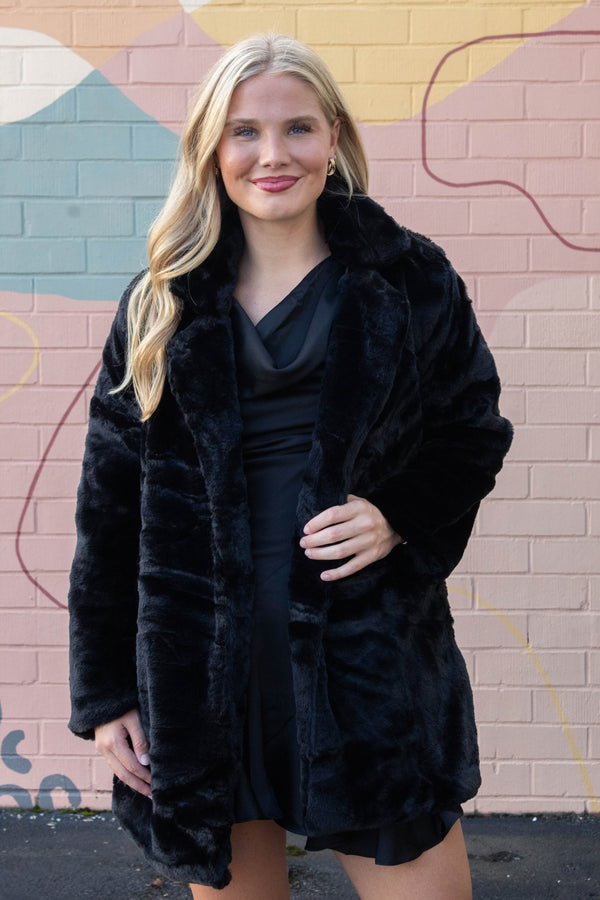 Ayla Faux Fur Collared Long Coat, Black