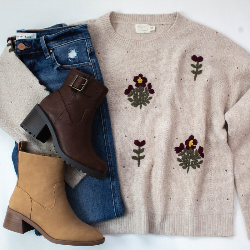 Alayna Embroidered Blossom Sweater, Mocha