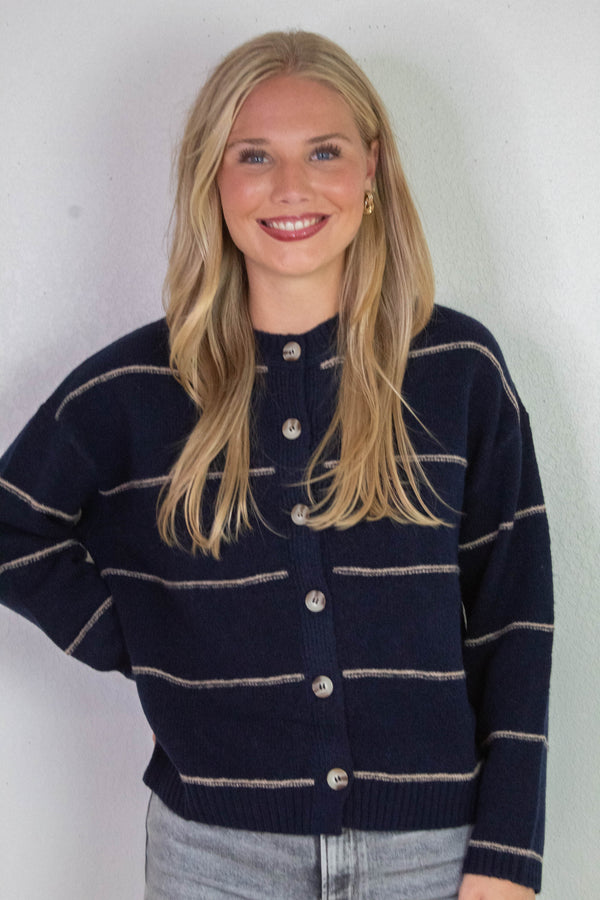 Jade Thin Stripe Button Down Cardigan, Navy