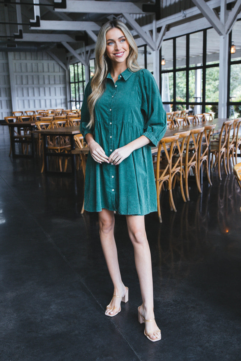 Lassen Corduroy Button Up Dress, Evergreen