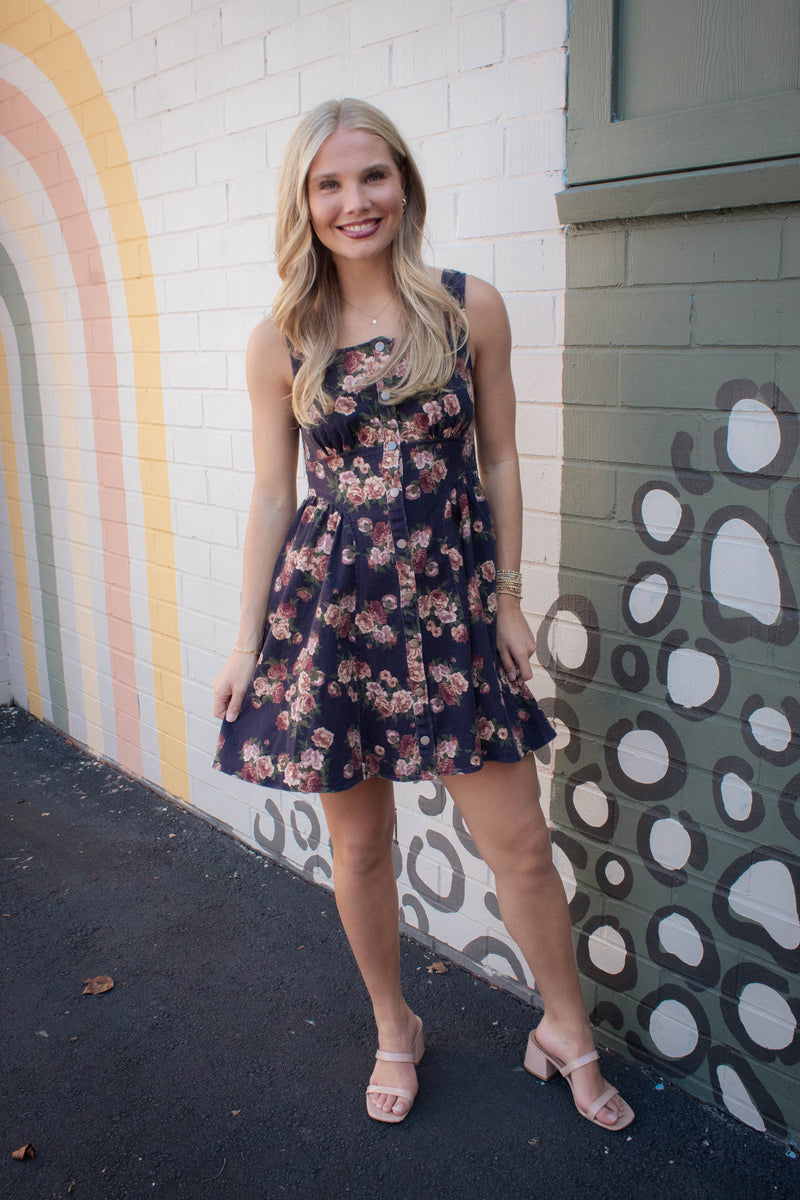 Opal Stone Washed Floral Denim Dress, Navy