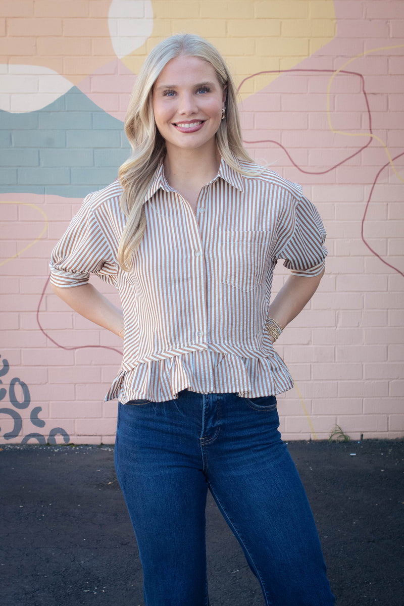 Indie Striped Ruffle Hem Button Up Top, Brown