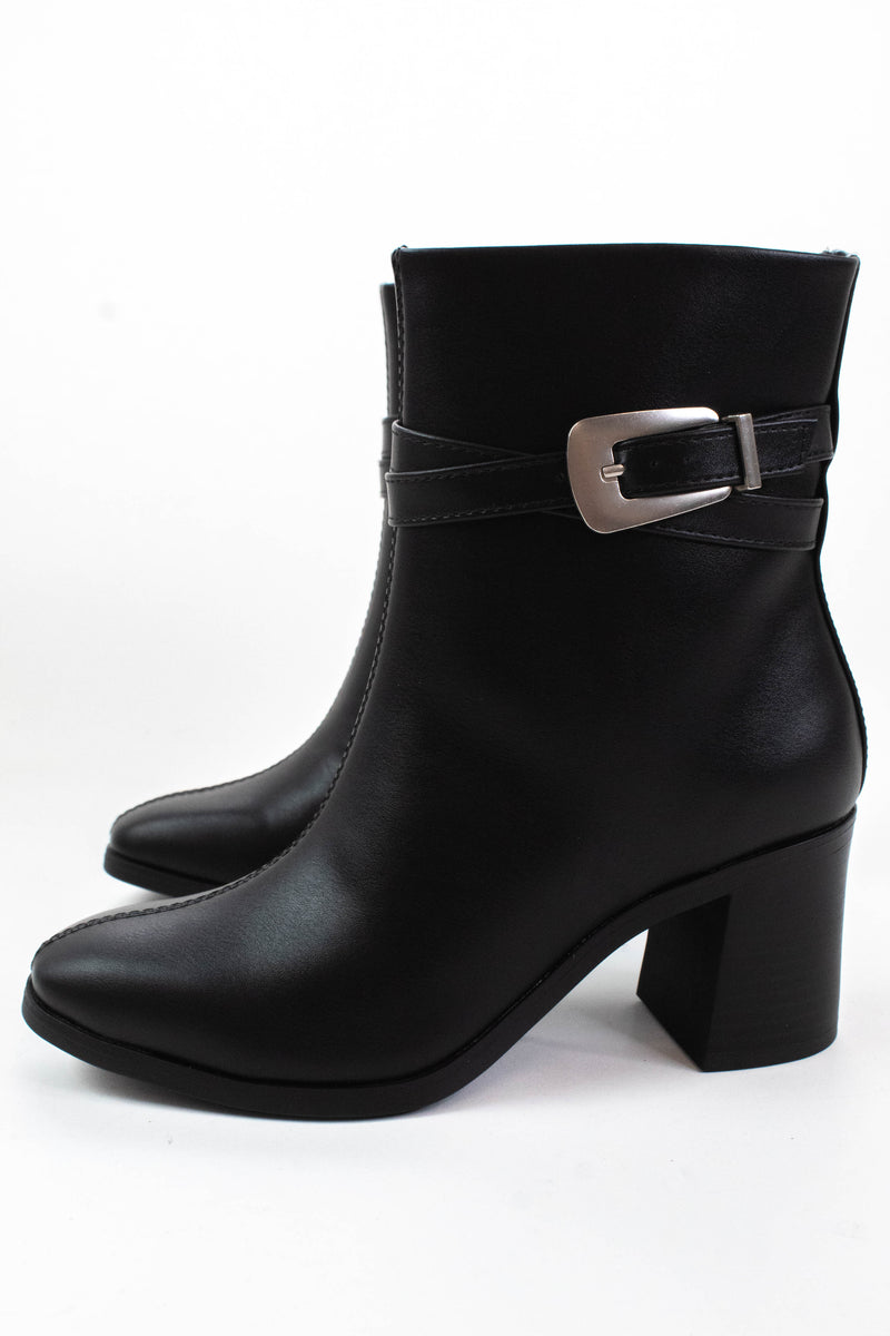Timmy Wrapped Buckle Dress Bootie, Black PU