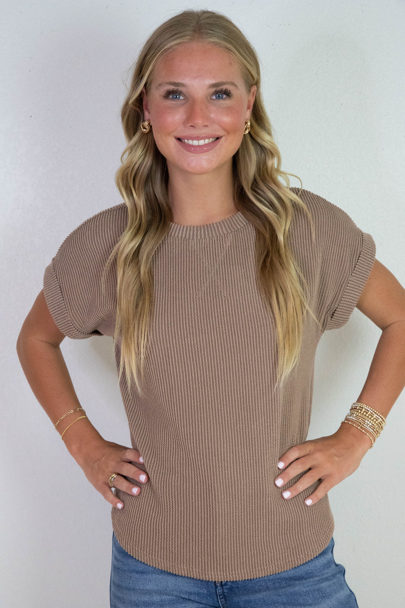 Lilly Ribbed Crew Neck Top, Mocha