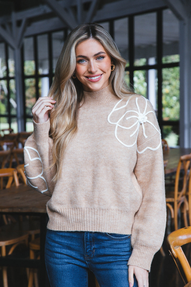 Ella Mock Neck Sweater, Taupe-Ivory | Extended Sizes