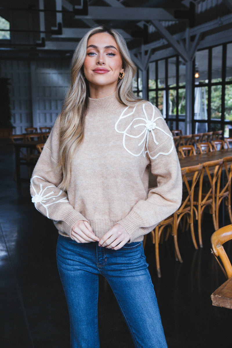 Ella Mock Neck Sweater, Taupe-Ivory | Extended Sizes