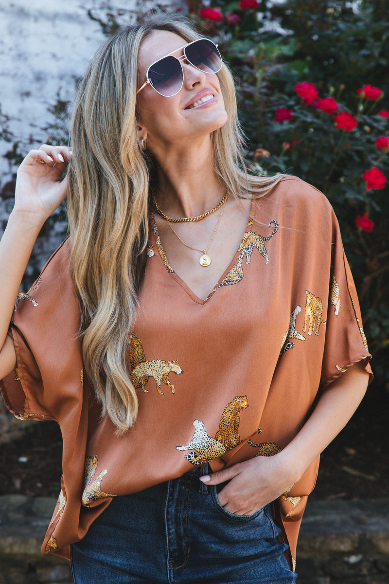 Satin Animal Print V Neck, Toffee