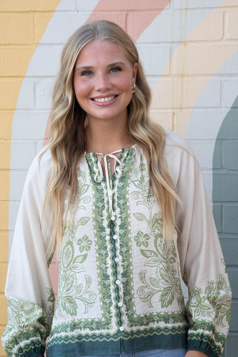 Darcy Border Print Button Front Top, Cream-Olive