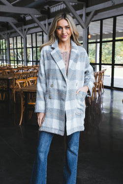 Milana Plaid Double Breasted Coat, Grey