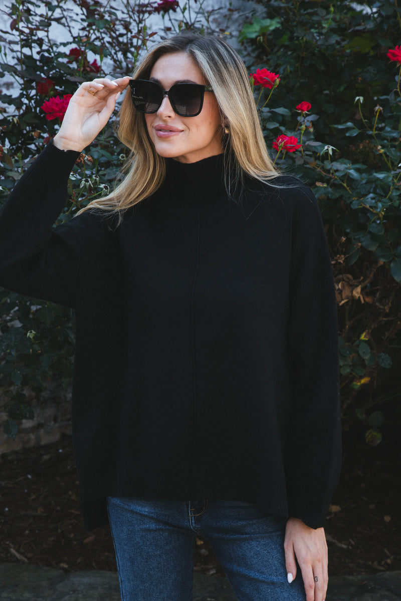 Cora Mock Neck Knit Sweater, Black