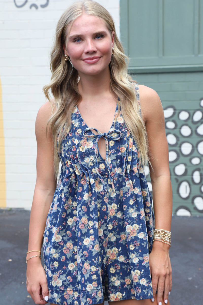 Celina Floral Pleated V-Neck Romper, Peach Combo