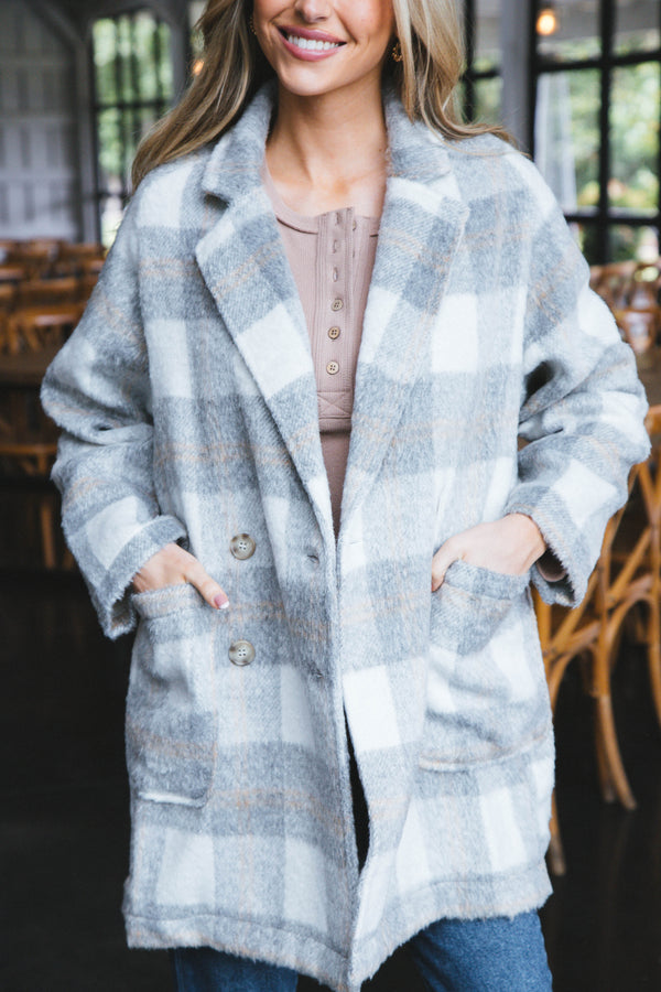 Milana Plaid Double Breasted Coat, Grey