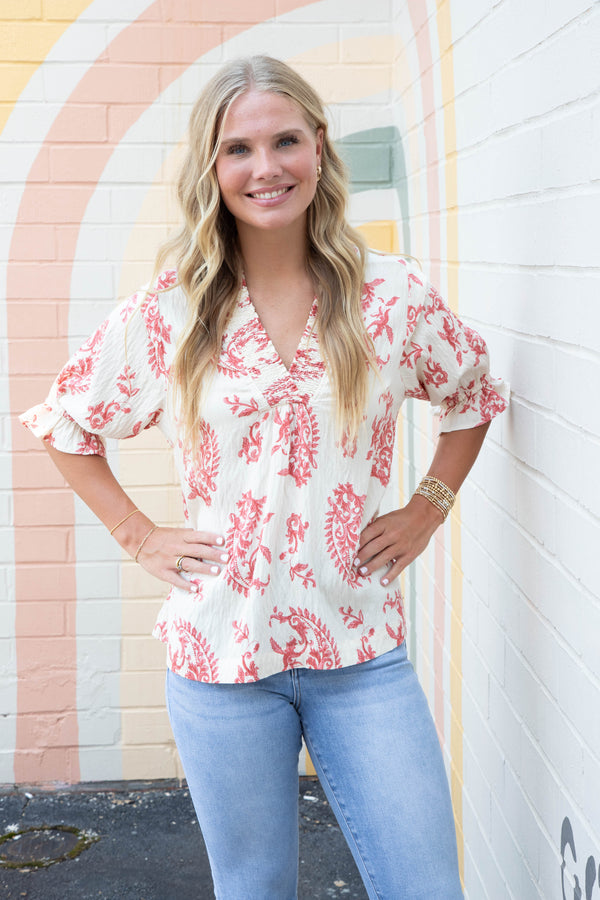 Anise Paisley Print V-Neck Top, Red Mix