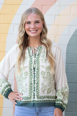 Darcy Border Print Button Front Top, Cream-Olive