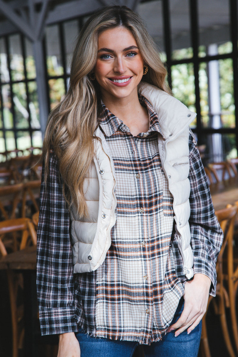 Emerie Oversized Contrast Plaid Shirt, Black Mix