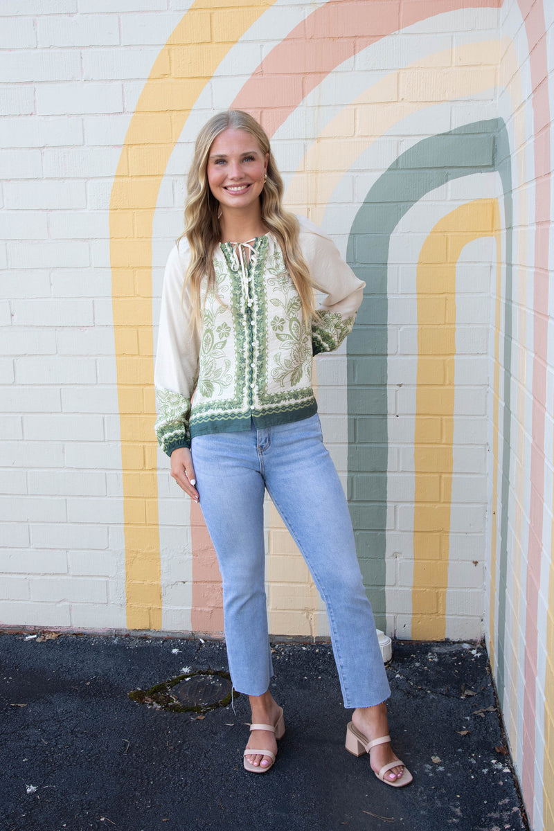Darcy Border Print Button Front Top, Cream-Olive