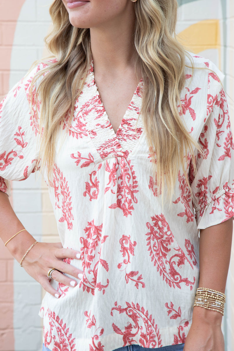 Anise Paisley Print V-Neck Top, Red Mix