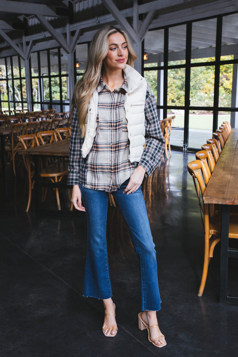 Emerie Oversized Contrast Plaid Shirt, Black Mix