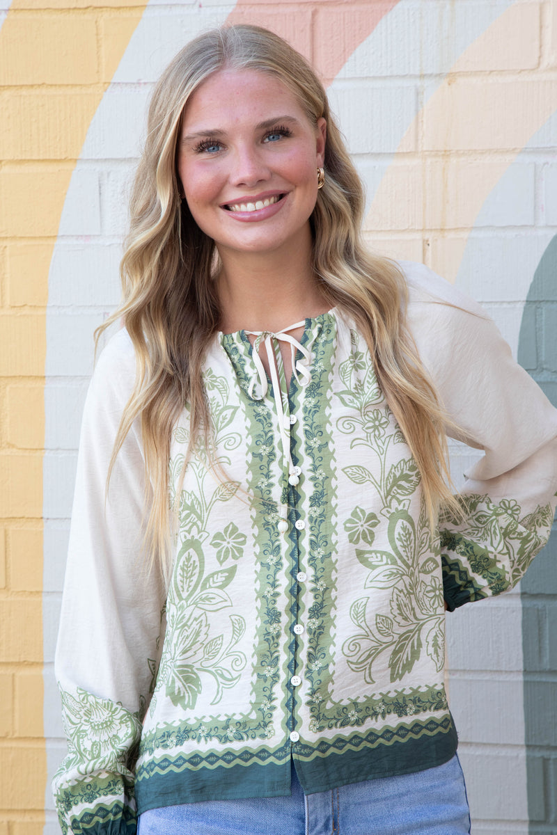 Darcy Border Print Button Front Top, Cream-Olive