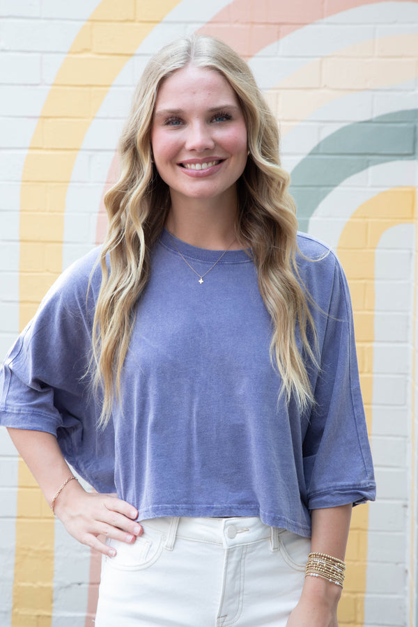 Martha Flowy Bat Wing Crop Top, Dusty Indigo