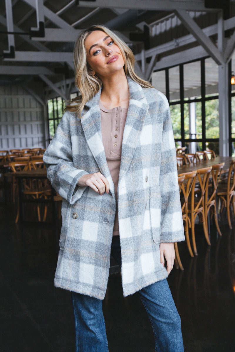 Milana Plaid Double Breasted Coat, Grey