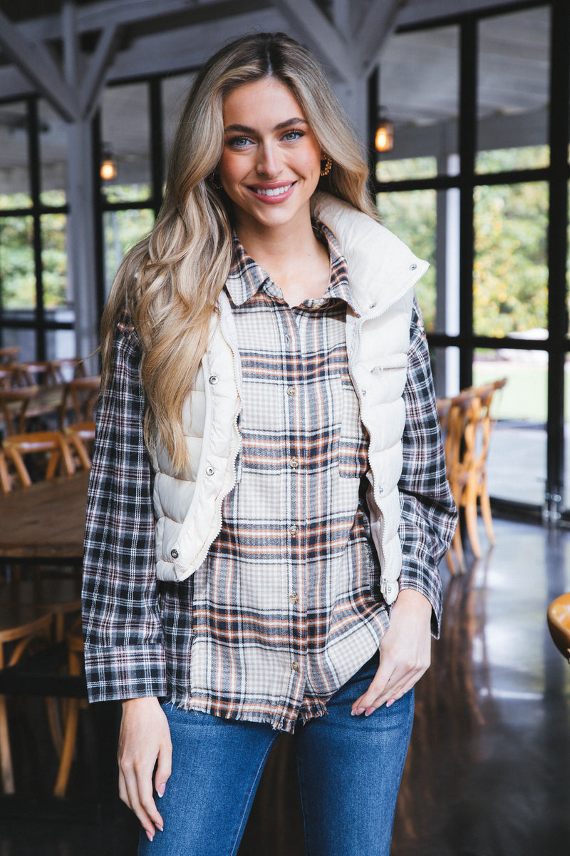 Emerie Oversized Contrast Plaid Shirt, Black Mix
