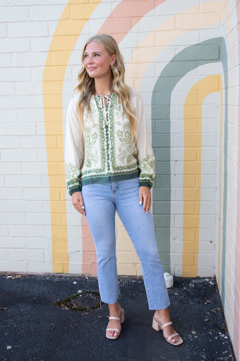 Darcy Border Print Button Front Top, Cream-Olive