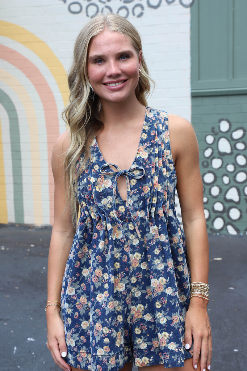 Celina Floral Pleated V-Neck Romper, Peach Combo