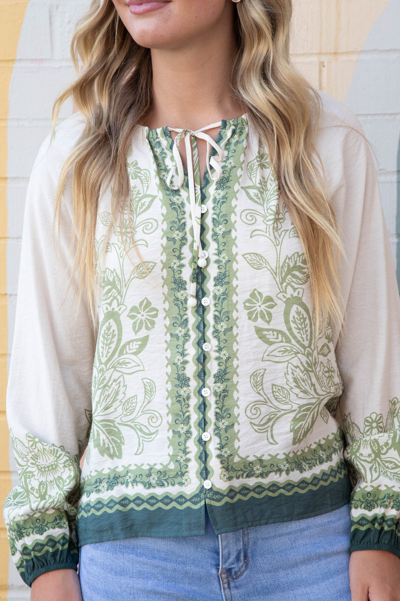 Darcy Border Print Button Front Top, Cream-Olive