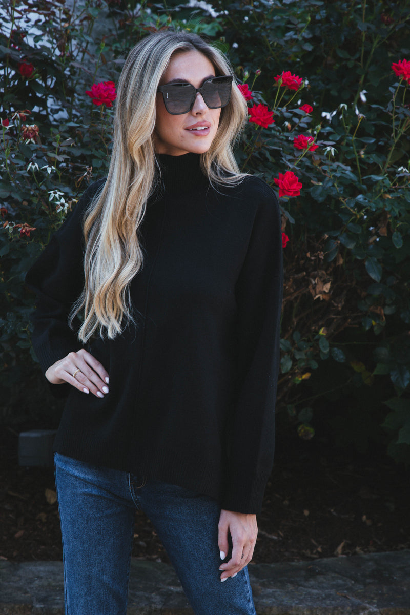 Cora Mock Neck Knit Sweater, Black