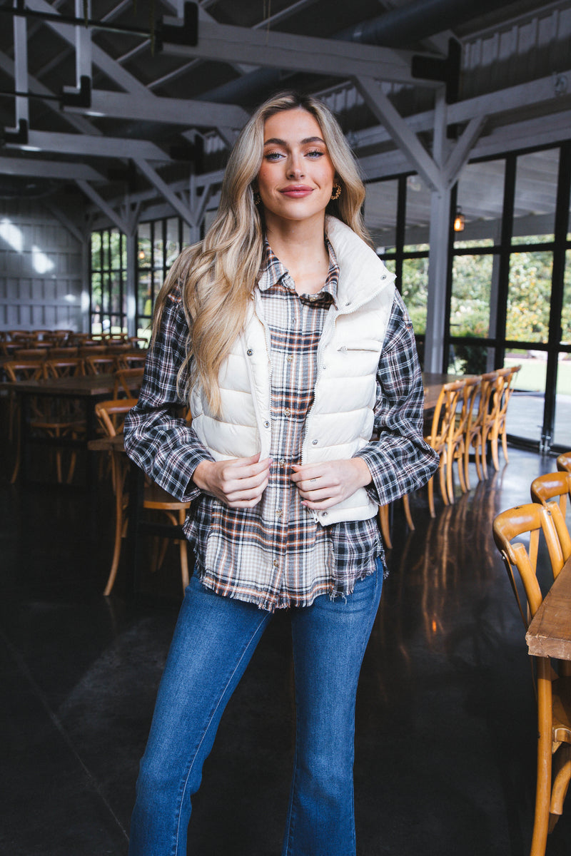 Emerie Oversized Contrast Plaid Shirt, Black Mix