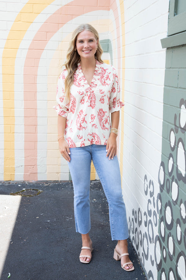 Anise Paisley Print V-Neck Top, Red Mix