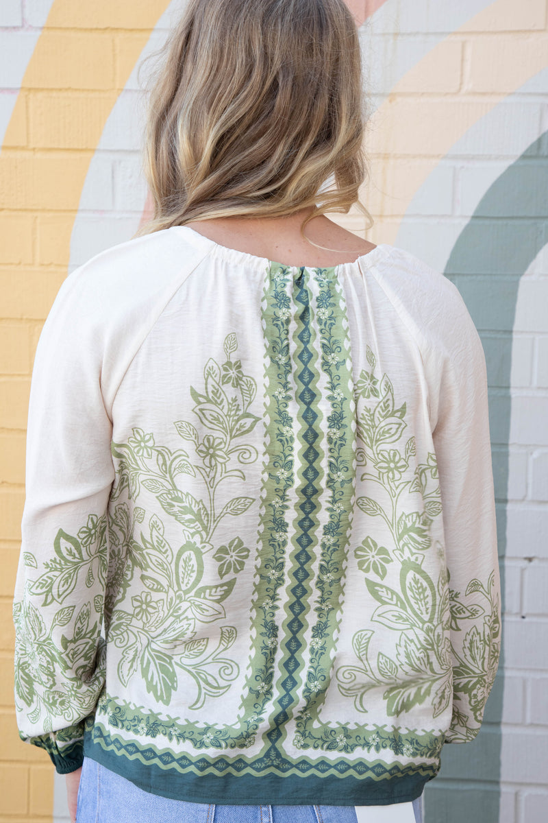 Darcy Border Print Button Front Top, Cream-Olive