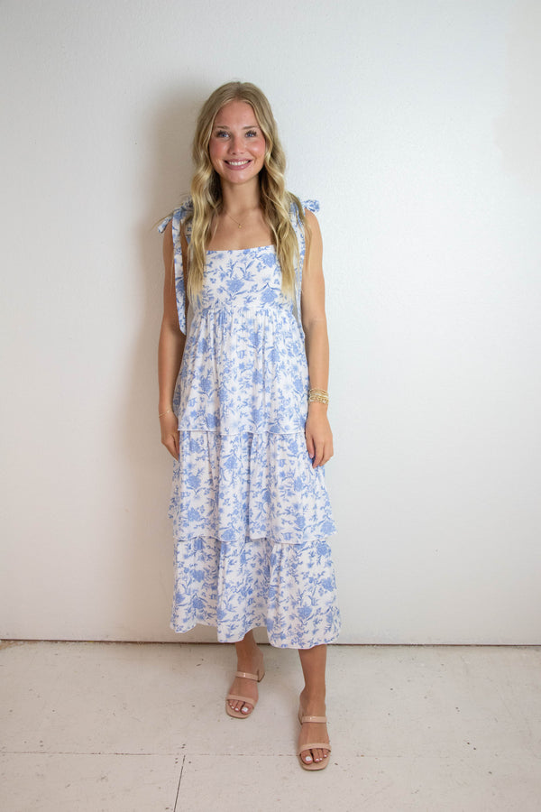 Flora Tie Strap Ruffled Midi Dress, Blue Multi