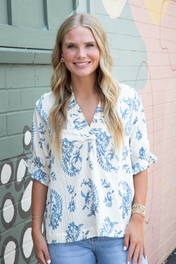 Anise Paisley Print V-Neck Top, Blue Mix