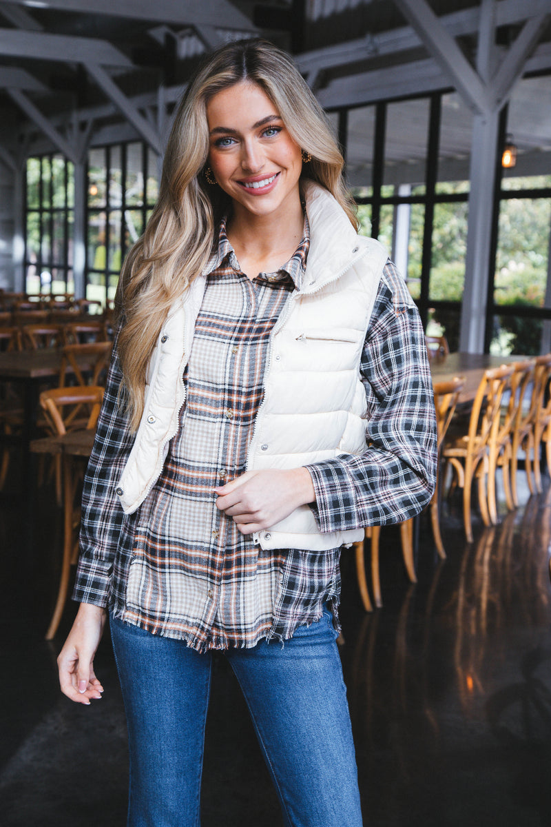 Emerie Oversized Contrast Plaid Shirt, Black Mix