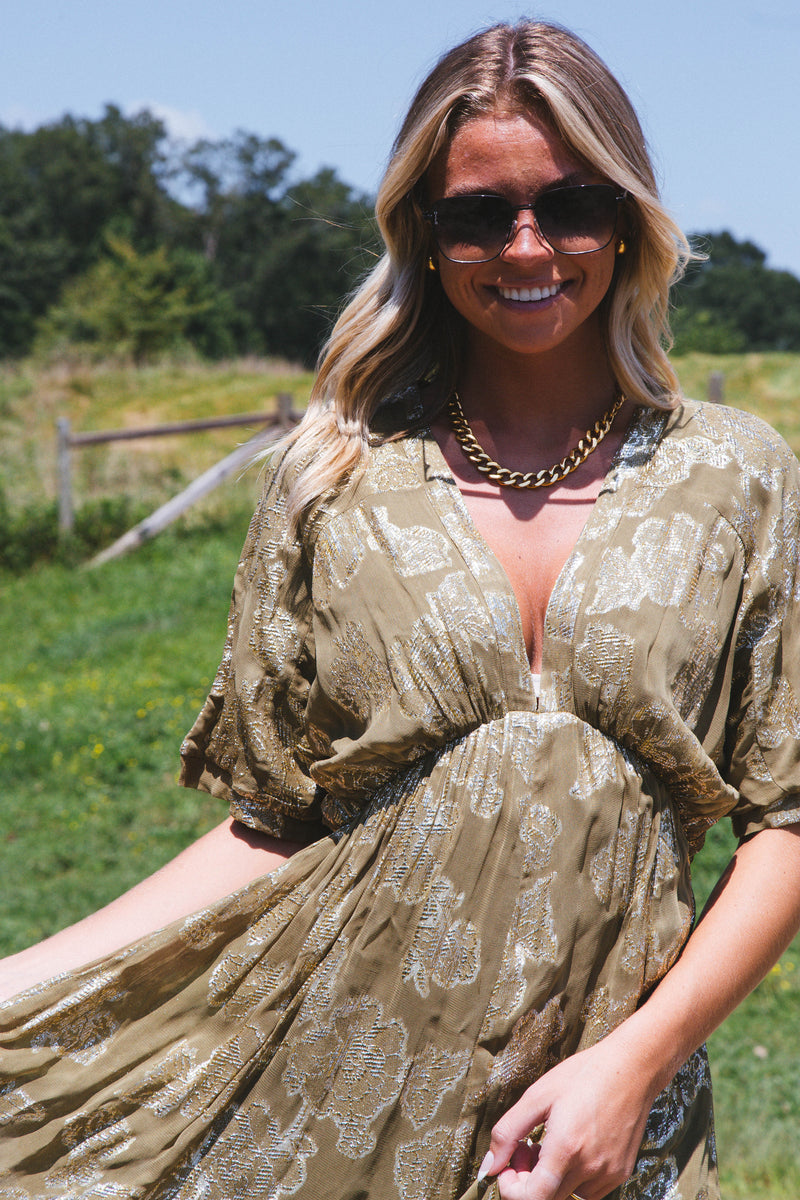 Crown Jewel Floral Maxi Dress, Olive Gold