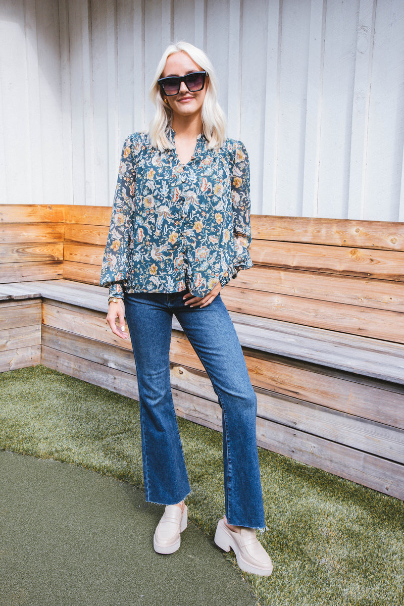 Daphne Smocked Yoke Blouse, Teal Green
