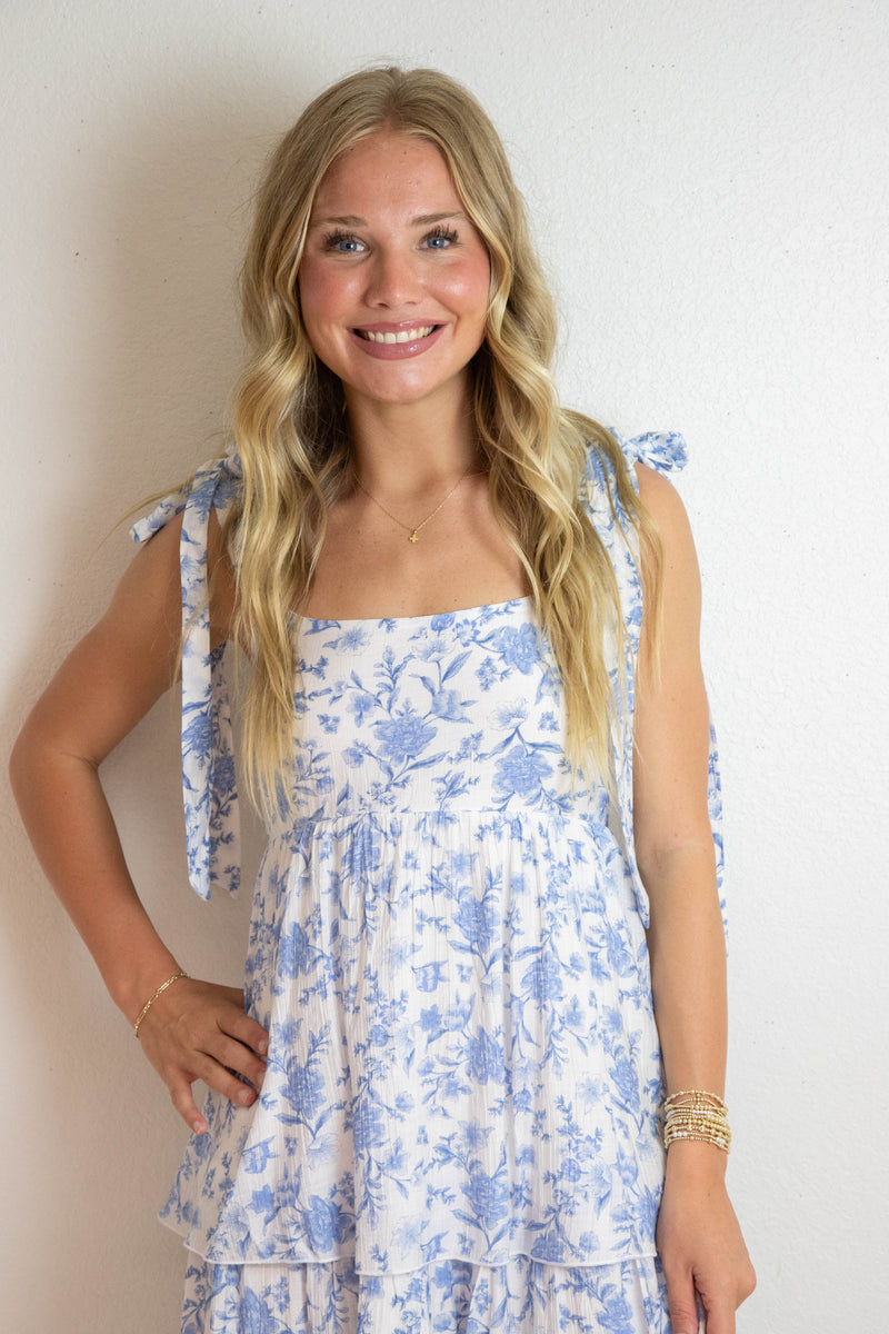Flora Tie Strap Ruffled Midi Dress, Blue Multi