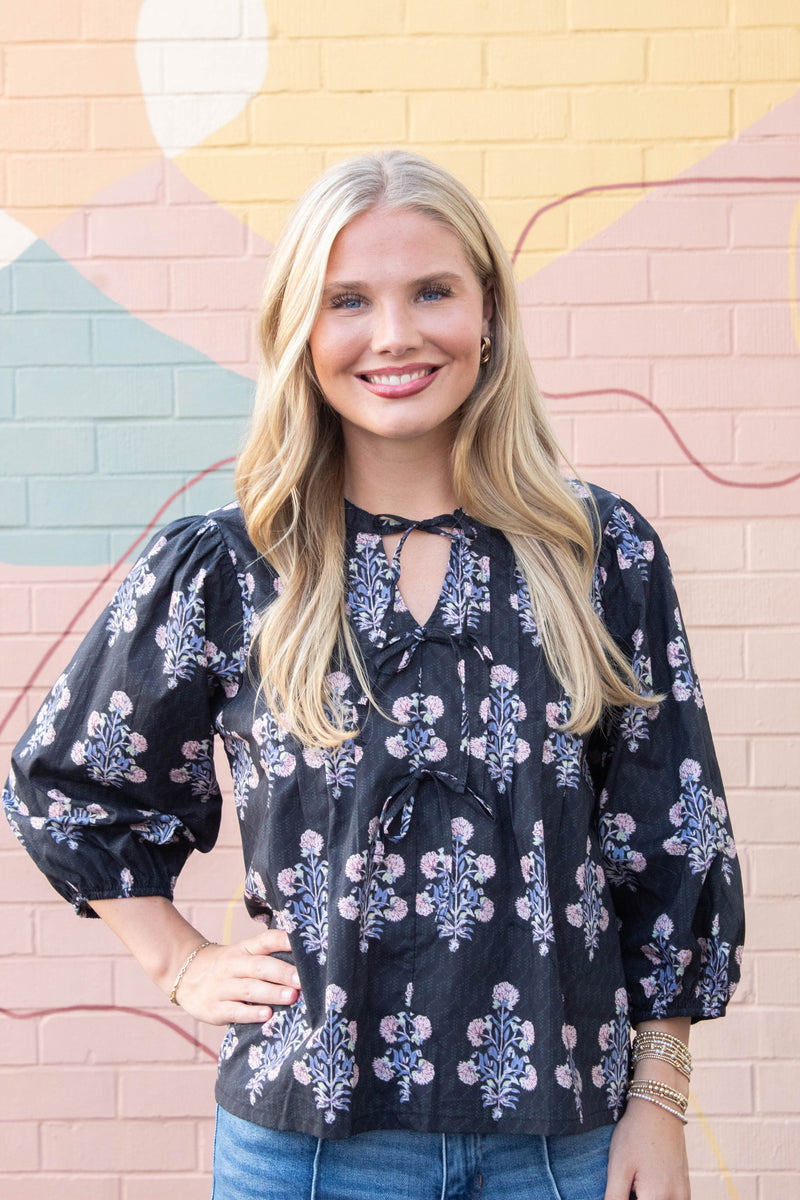 Reese Tie Neck Blouse, Black Mix