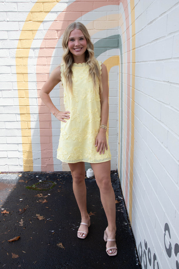 Cali 3D Floral Applique Mini Dress, Lemon