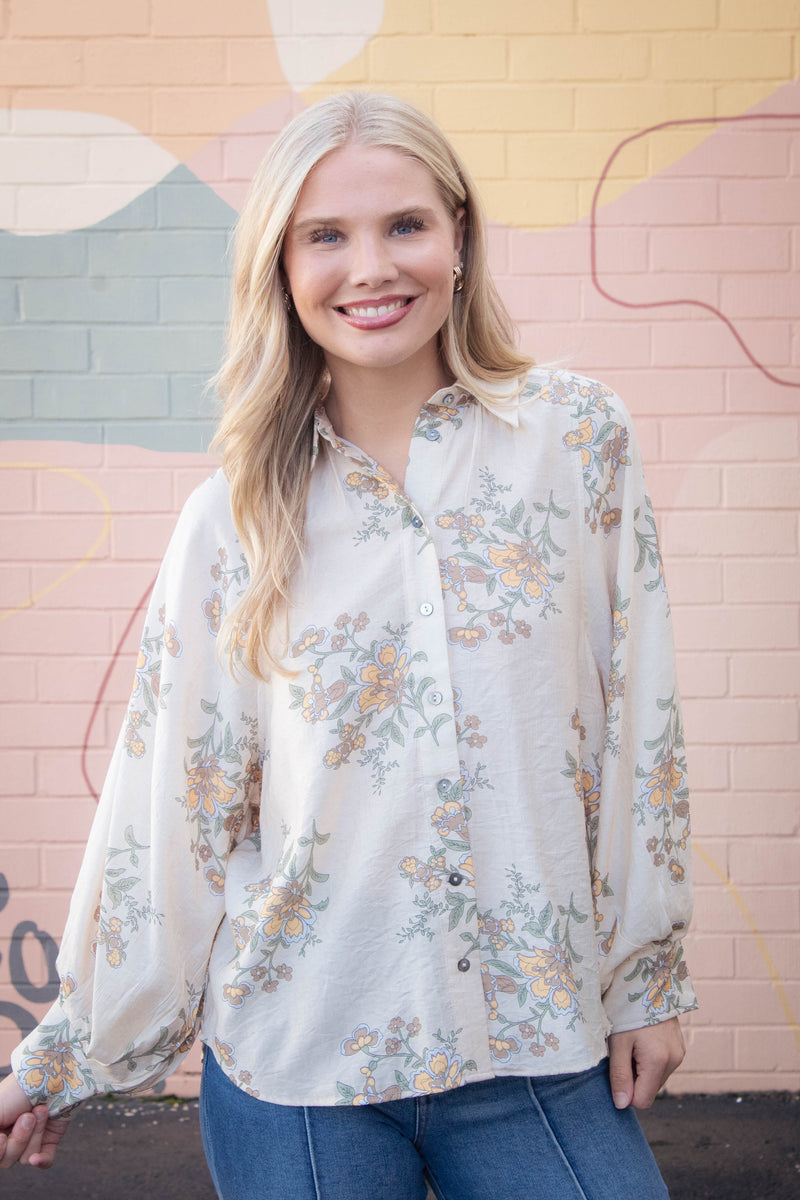 Lucy Button Down Floral Top, Ecru