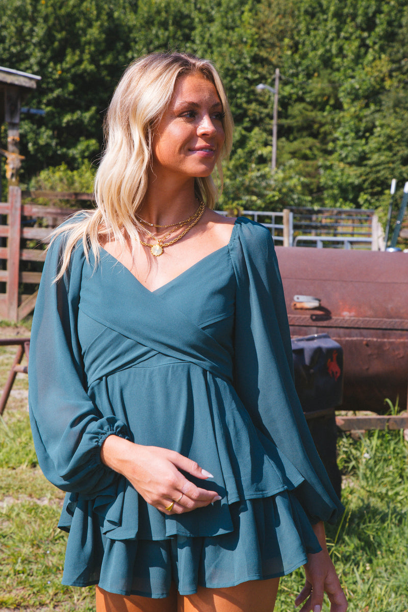 Lenny Long Sleeve Romper, Teal