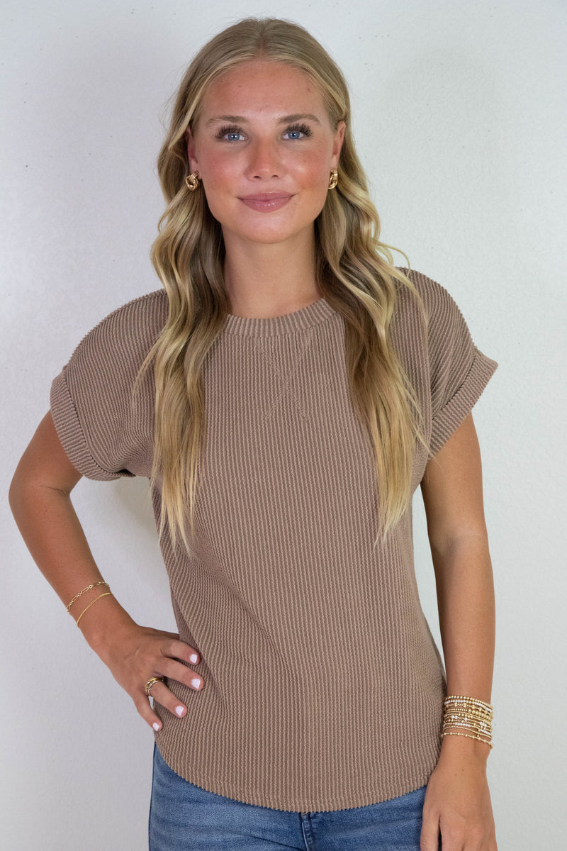 Lilly Ribbed Crew Neck Top, Mocha