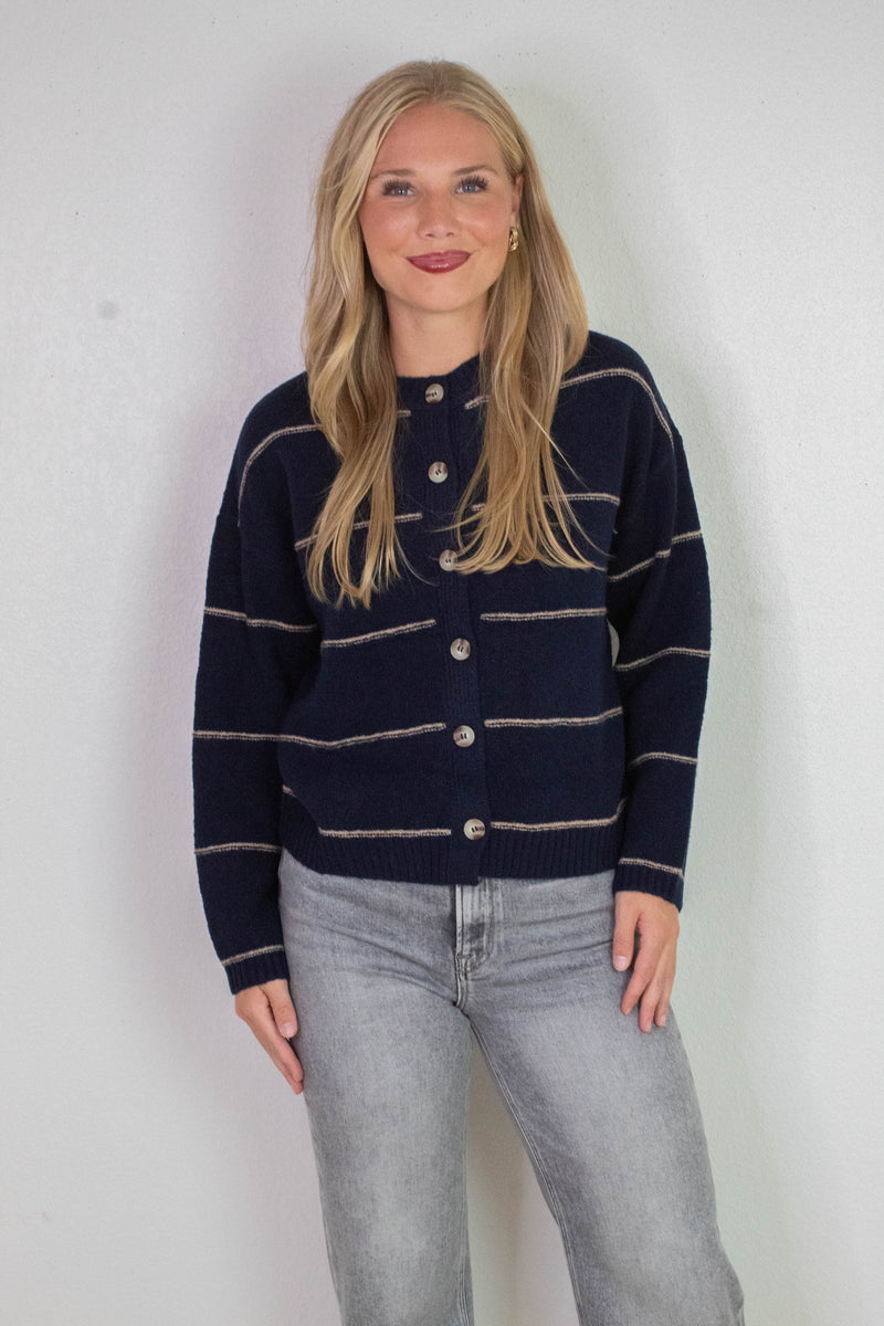 Jade Thin Stripe Button Down Cardigan, Navy